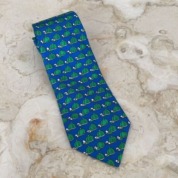 Hermes 100% Silk Blue & Green Horse Jockey Hat (684 OA) Tie - Picture 5 of 10